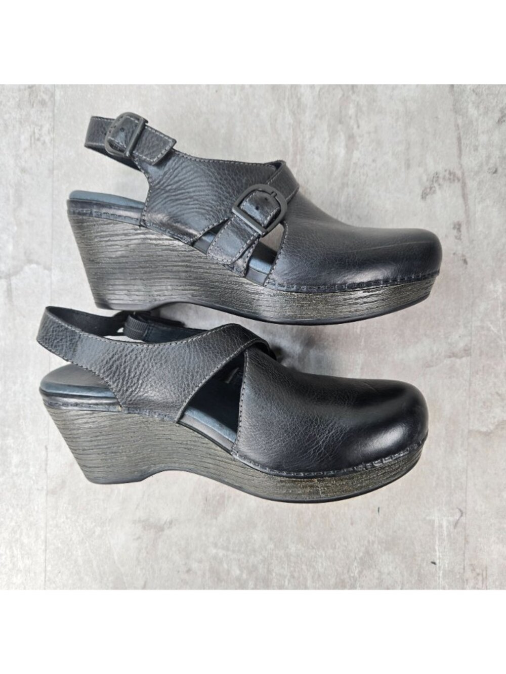 Dansko Platform Clogs 38 Black Leather Slingback Comfort Chunky Wedge Work Shoe - Picture 6 of 12